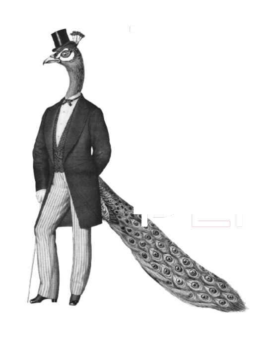 The house mark: an etched peacock gentleman in a tailcoat and top hat, tail trailing like coat tails